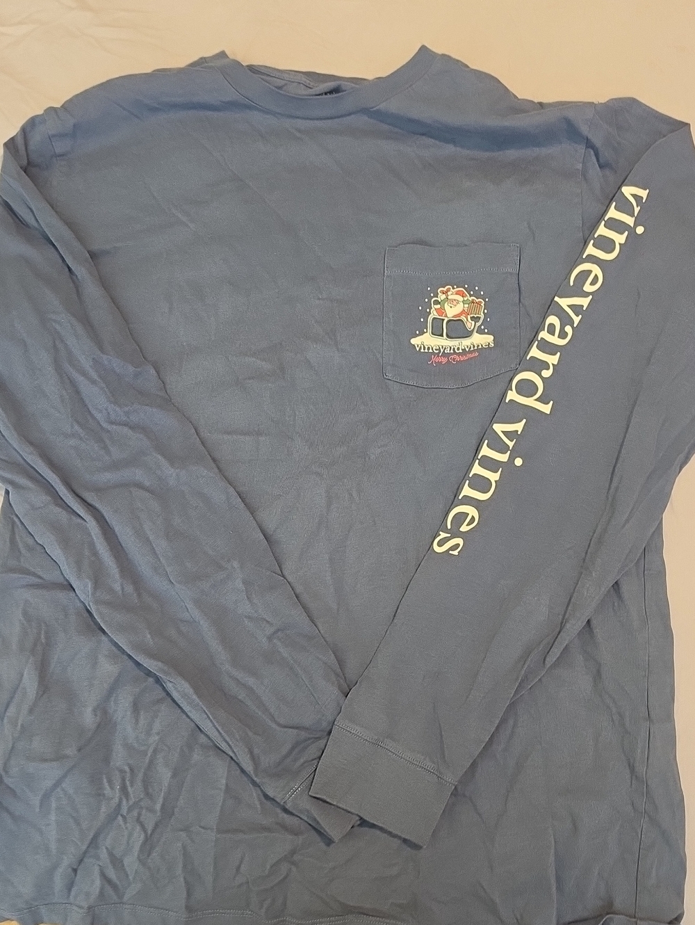 Vineyard Vines Men’s Long-Sleeve Pocket Tee - Slate Blue with White Sleeve Logo